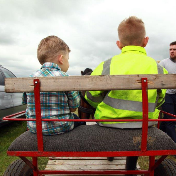 two little boys sitting in a cart