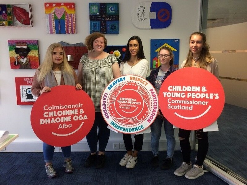5 young Traveller girls holding signs say Children and Young peoples comissioner Scotland