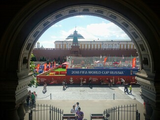 An artificial football pitch in Red Square outside the Kremlin walls hosted events aimed to promote diversity and inclusion, including a Refugees World Cup.