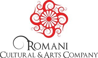Romani Cultural and Arts Logo red wagon wheel with 4 swirls around it 