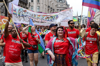 A happy parade of GRT LGBT+ supporters at Pride event in 2019