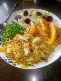 Spicy chicken couscous, salt and pepper paprika wedges from Julie Morgan