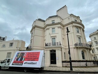 Free Albert placard van outside the United Arab Emirates Embassy