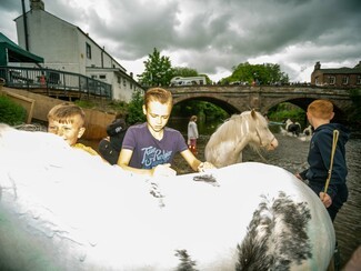 Boys bathe a horse in the River Eden at Appleby © Bela Varadi