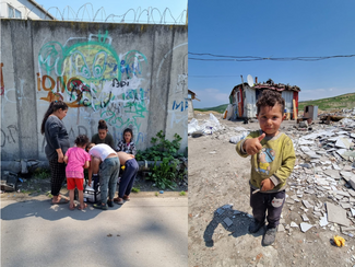 Left, Romanian Gypsy family crouched down to get sandwiches. Right, young boy in yellow shirt and thumbs up