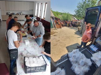 Left, seven Travellers around table making sandwiches. Right, an open van with crates of sandwiches.