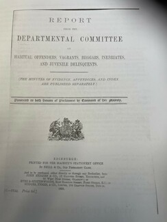 The cover of the 1895 government Report on Habitual Offenders, Vagrants, Beggars, Inebriates, and Juvenile Delinquents in Scotland
