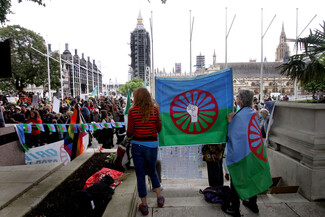 7/07/2021 - Hundreds of Romany Gypsies, Travellers and supporters gather outside parliament at a Drive 2 Survive -organised rally to protest about the threatened new police powers (c)Huw Powell