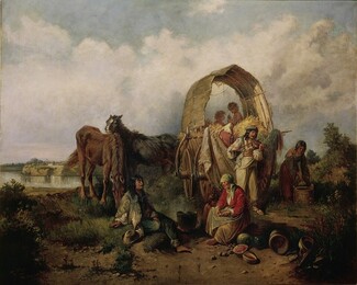 A romanticized oil painting of rural Hungarian Roma by Gypsy family (1884), by Mihály Munkácsy. Public domain.