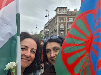 Hungarian Roma education expert Erzsébet Mohácsi (right) at a Fidesz rally in March 2026. Photo courtesy of Erzsébet Mohácsi