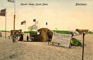 The fortune-telling booth of "Madam Townsend", properly Richenda Townsend nee Heron aka Young. Her signboard alludes to Epping Forest and to the nationwide tour that the ball-giving Gypsies had undertaken. Courtesy of Sharon Heppell