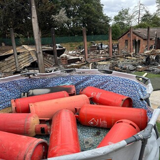 Ver Meadows 14/07/2025. Residents report that gas bottles were going off like bombs during the fire. None of the Hertfordshire County Council Traveller sites have mains gas supply.