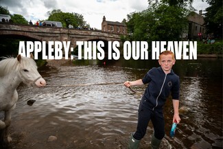 young white male wearing blue and black clothes pulling small white horse into a river. Words in white say: "Appleby: this is our heaven".